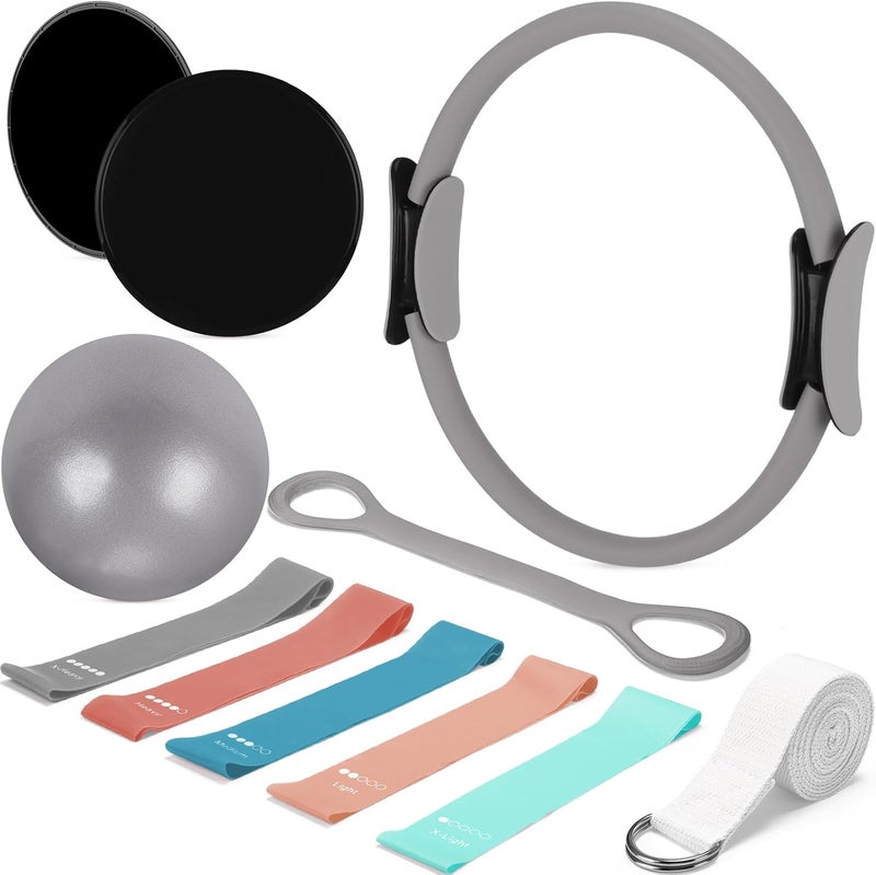 Arrowbash Set of 6 Style Pilates Home Equipment Set Pilates Essential Kit Workout Accessories 14 Magic Circle Mini Exercise Ball Yoga Strap Silicone Tension Strip Tension Band Sliding Plate - Image 1